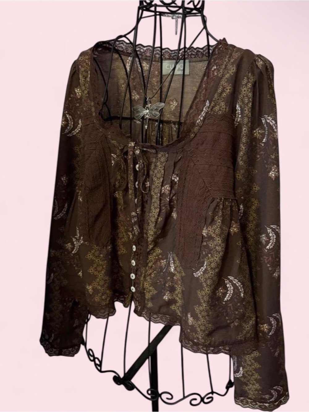 Women’s Brown Printed Lace-Trim Peasant Blouse